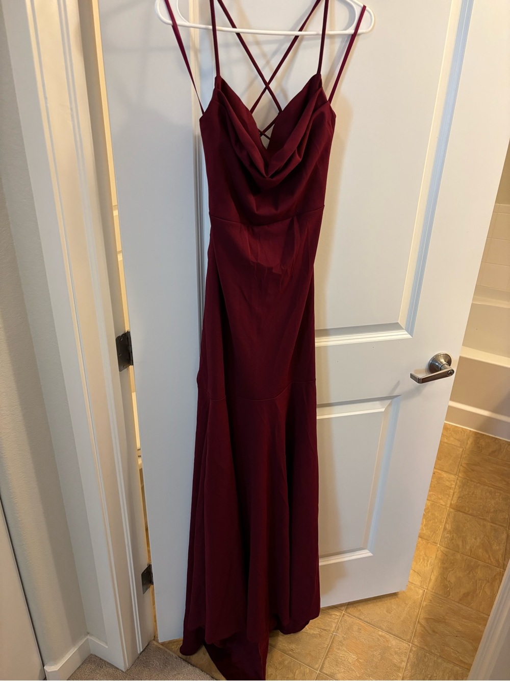 Windsor Burgundy Cowl Neck Spaghetti Strap Prom Gown